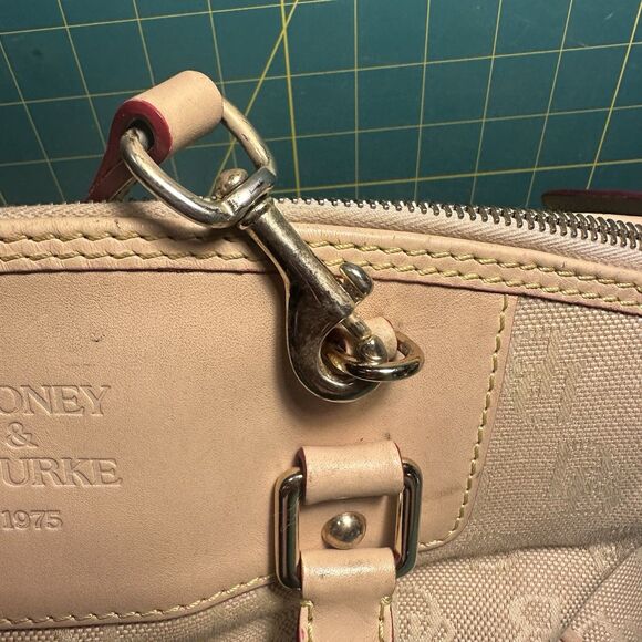 Dooney & Bourke  Medium Domed Tassel Fabric Satchel Handbag Tan Red Logo Print - Picture 5 of 14